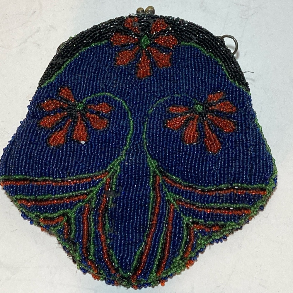 vintage 1920s Art Nouveau microbeaded glass bead purse blue red flower - AS IS - Picture 7 of 13
